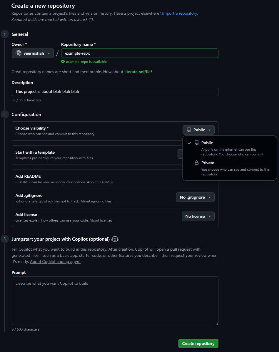 GitHub Create Repository Form